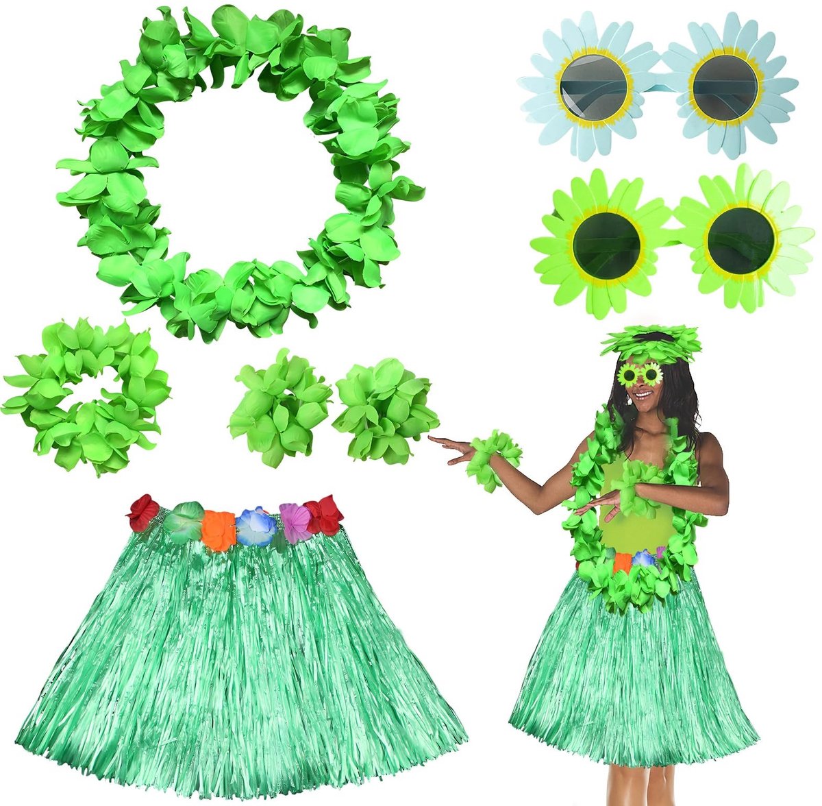 Dailygoods- Hula Outfit Compleet Set - Hawaii Rok met Palmbladeren - Bloemenketting - Zonnebril - Hoofdband - Armband - Feestoutfit