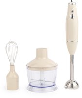Crème staafmixer, hakmolen en garde-accessoire op witte achtergrond.