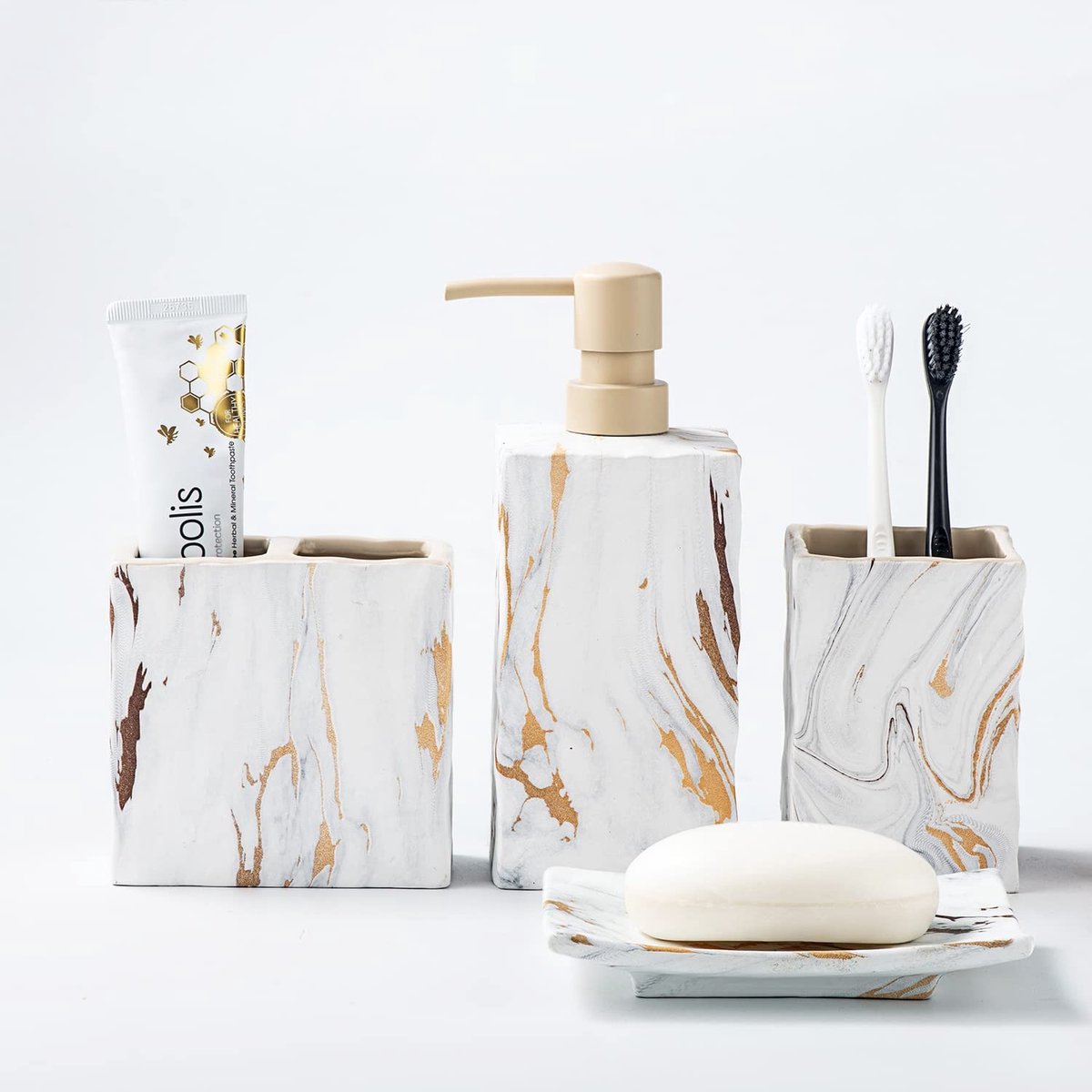 Omgoods - Set van 4 Marmerlook Badkameraccessoires in Keramiek