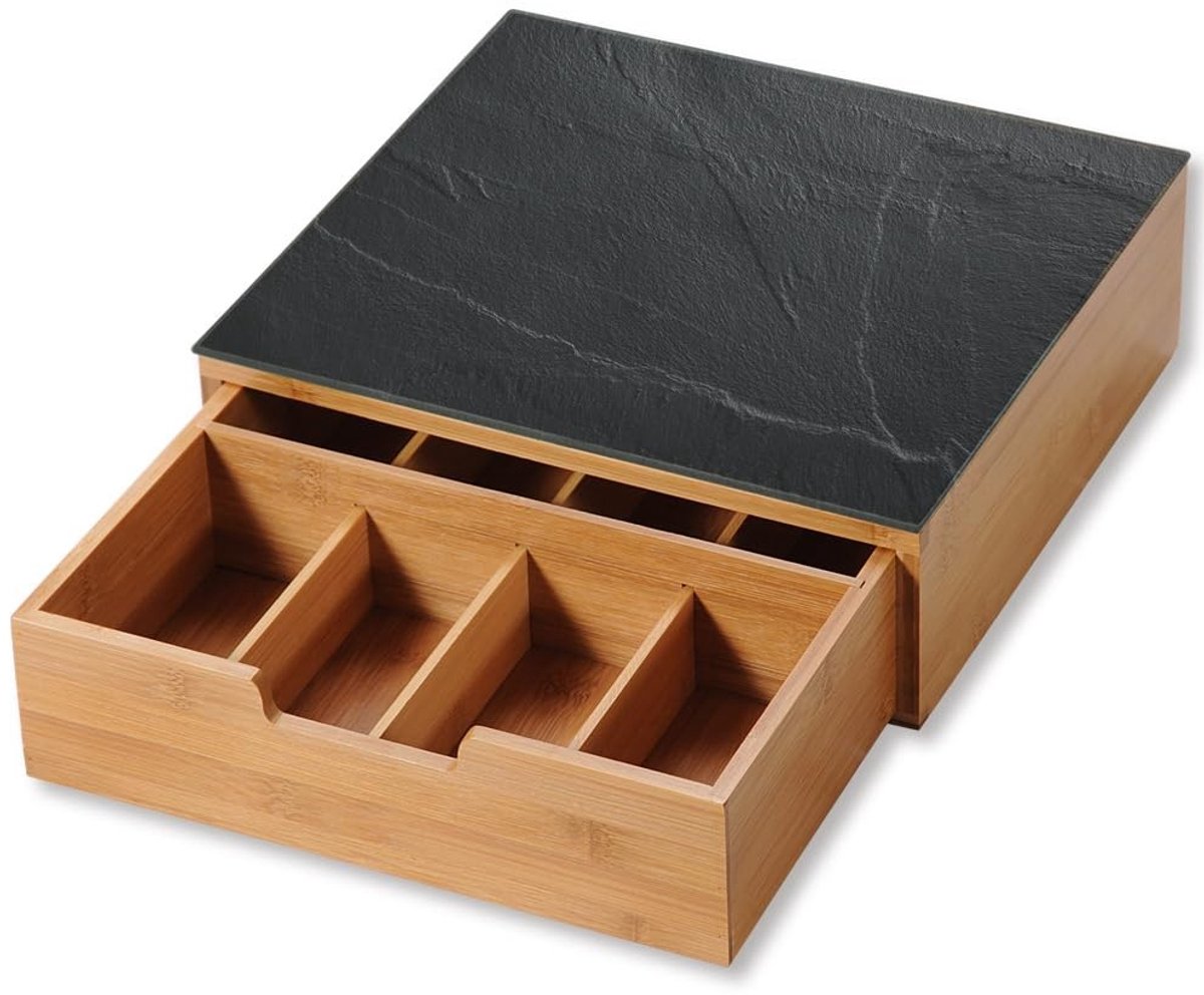 Omgoods- Koffiecapsule Box - Bamboe - Opbergdoos met Lade - Ruimtebesparend - Hittebestendig Veiligheidsglas - Modern Leisteendecor