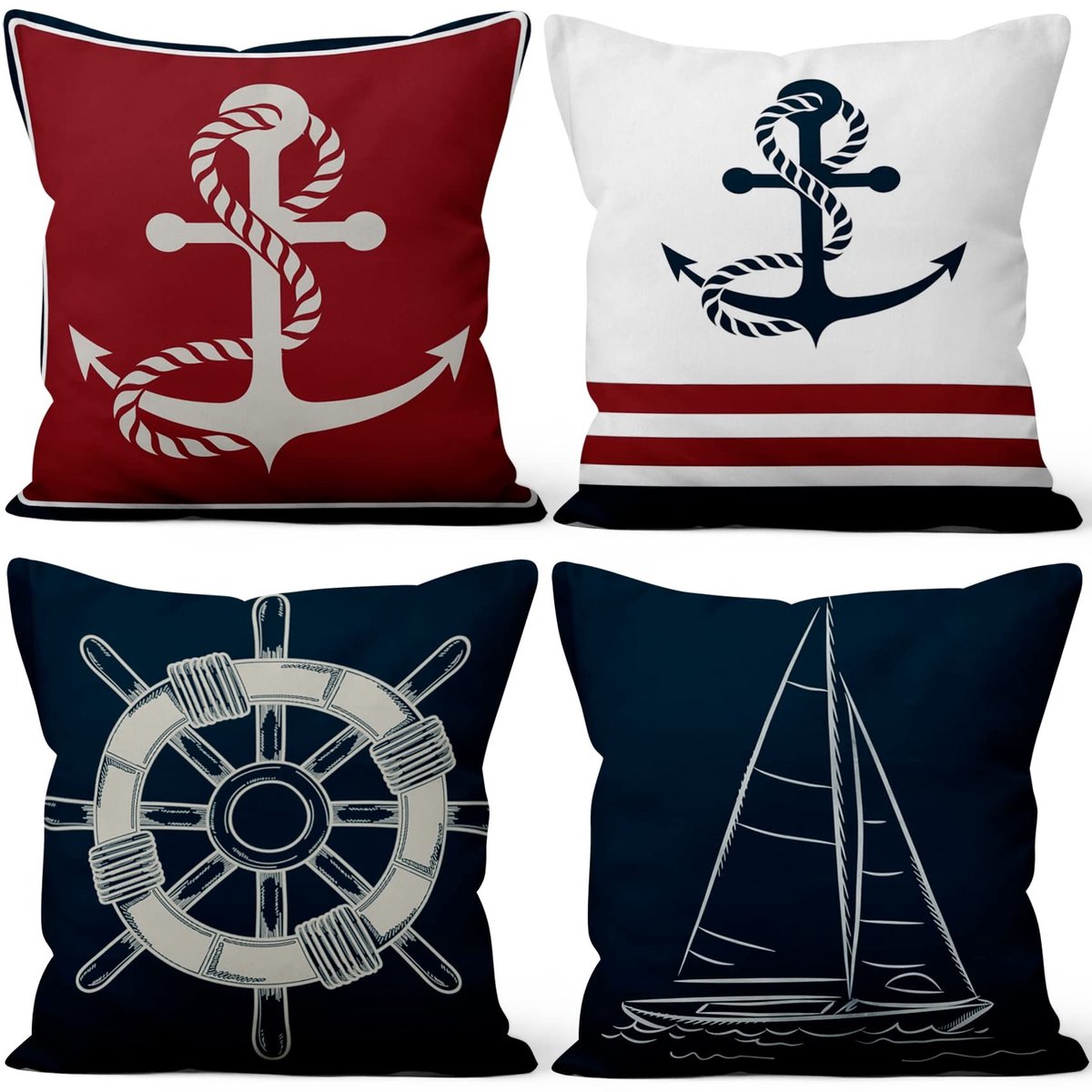 Omgoods - Set van 4 Nautische Kussenhoezen 55x55cm Zeilboot