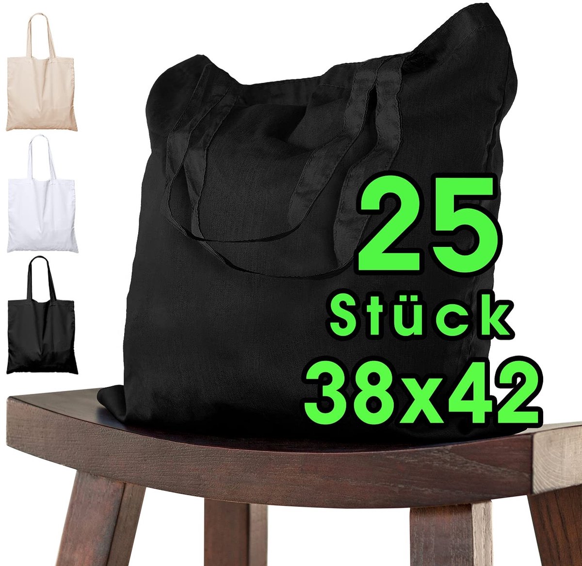 Omgoods - Set van 25 Katoenen Tasjes 38x42 cm Zwart voor Kinderen met Korte Handgrepen