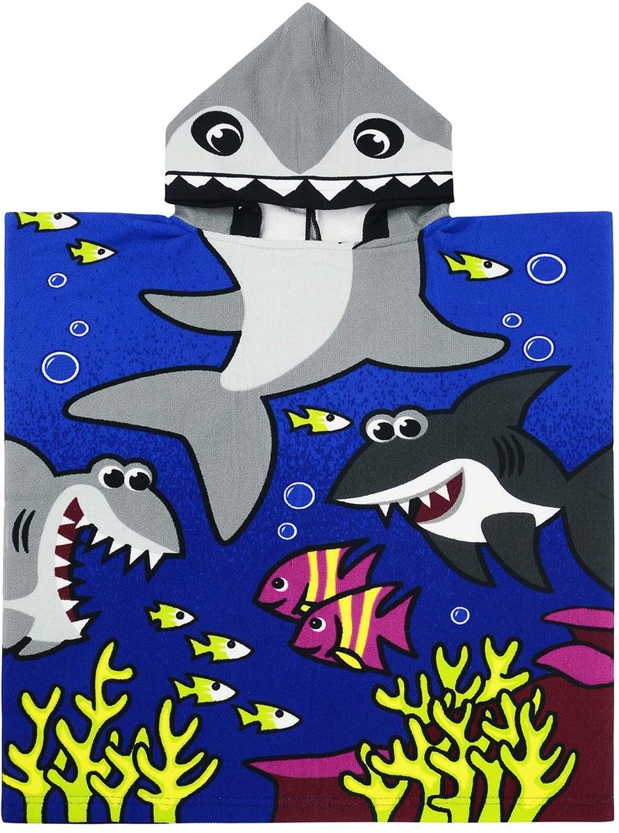 Omgoods - Kids Badponcho met Schattige Cartoonprint (Blauwe Haai)
