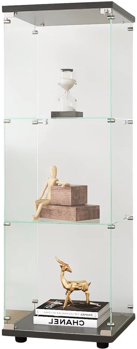 Glazen Vitrinekast Zwart – Afsluitbare Displaykast met Slot en 3 Planken