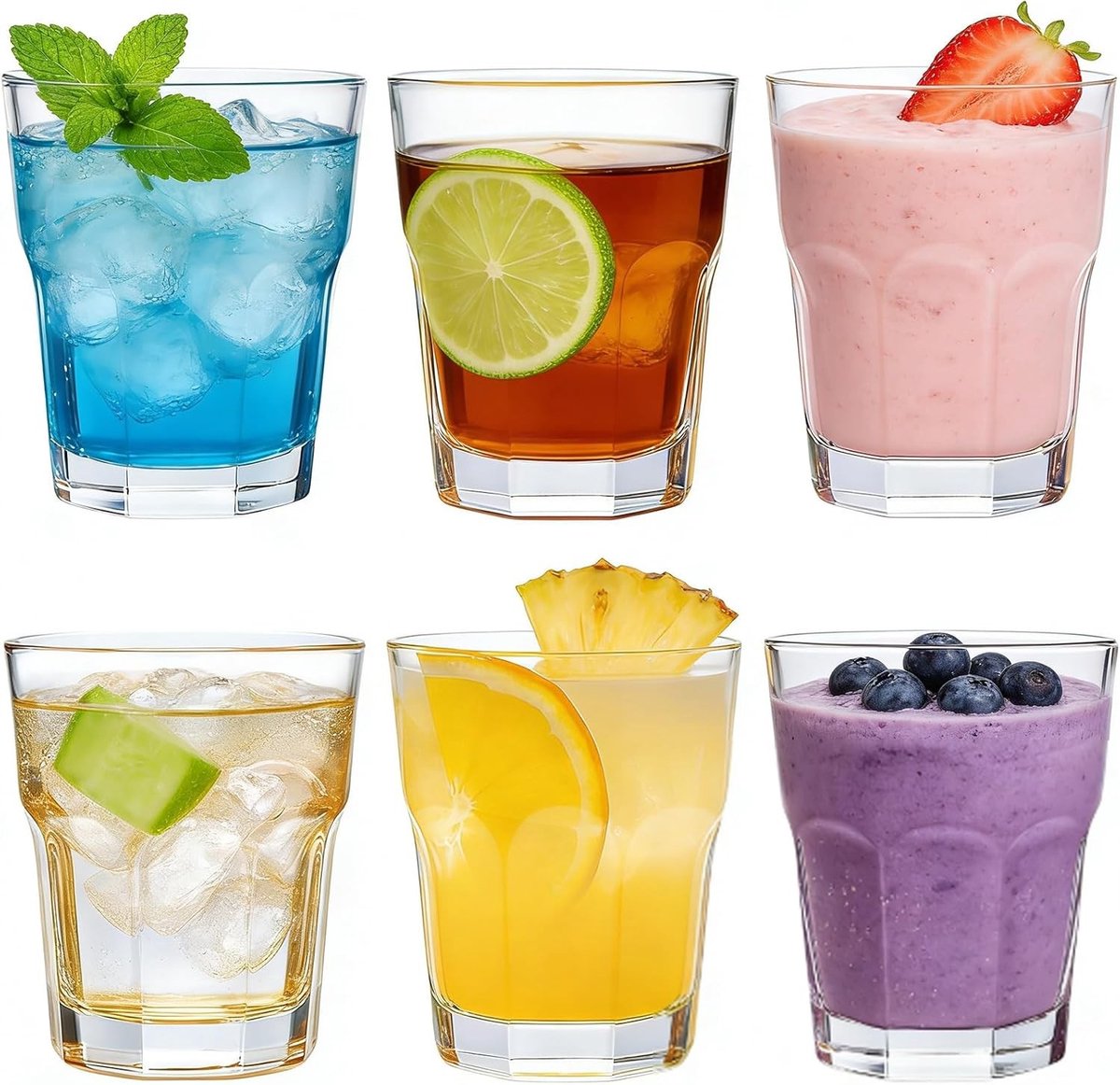 Set van 6 stapelbare sap- en whiskyglazen van 240 ml, ideaal voor water, sappen en frisdranken
