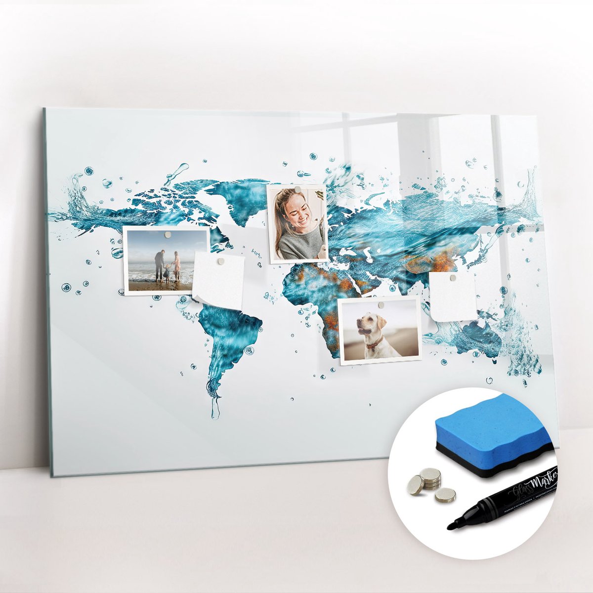 Tulup Whitebord - Waterkaart van de wereld - 90 x 60 cm - Turkoois Magneetbord Foto - Gratis 5 Sterke Magneten + Whiteboard Marker & Wisser - Industrieel Wandbord - Magnetisch Wandbord - Productiviteit Tools