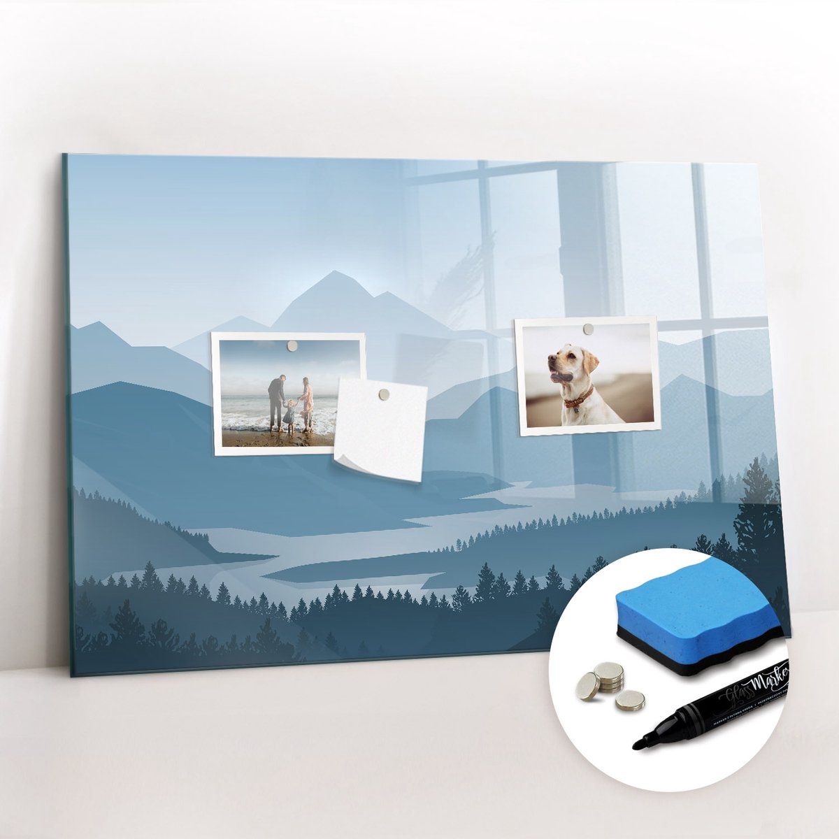 Tulup Whitebord - Berglandschap - 60 x 40 cm - Blauw Memobord Magnetisch - Gratis 5 Sterke Magneten + Whiteboard Marker & Wisser - Minimalistisch Prikbord - Memo Magneetbord - Planning Muur