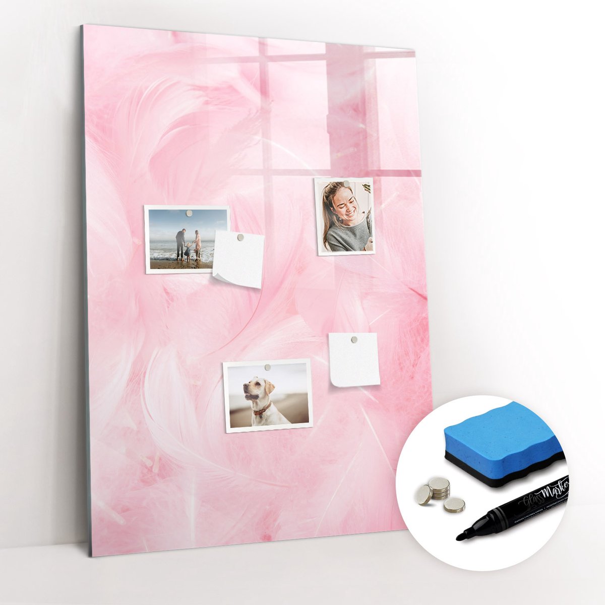 Tulup Whitebord - Fijne veren - 70 x 100 cm - Roze Memobord Glas - Gratis 5 Sterke Magneten + Whiteboard Marker & Wisser - Scandinavisch Design Bord - Memo Bord - Planning Muur