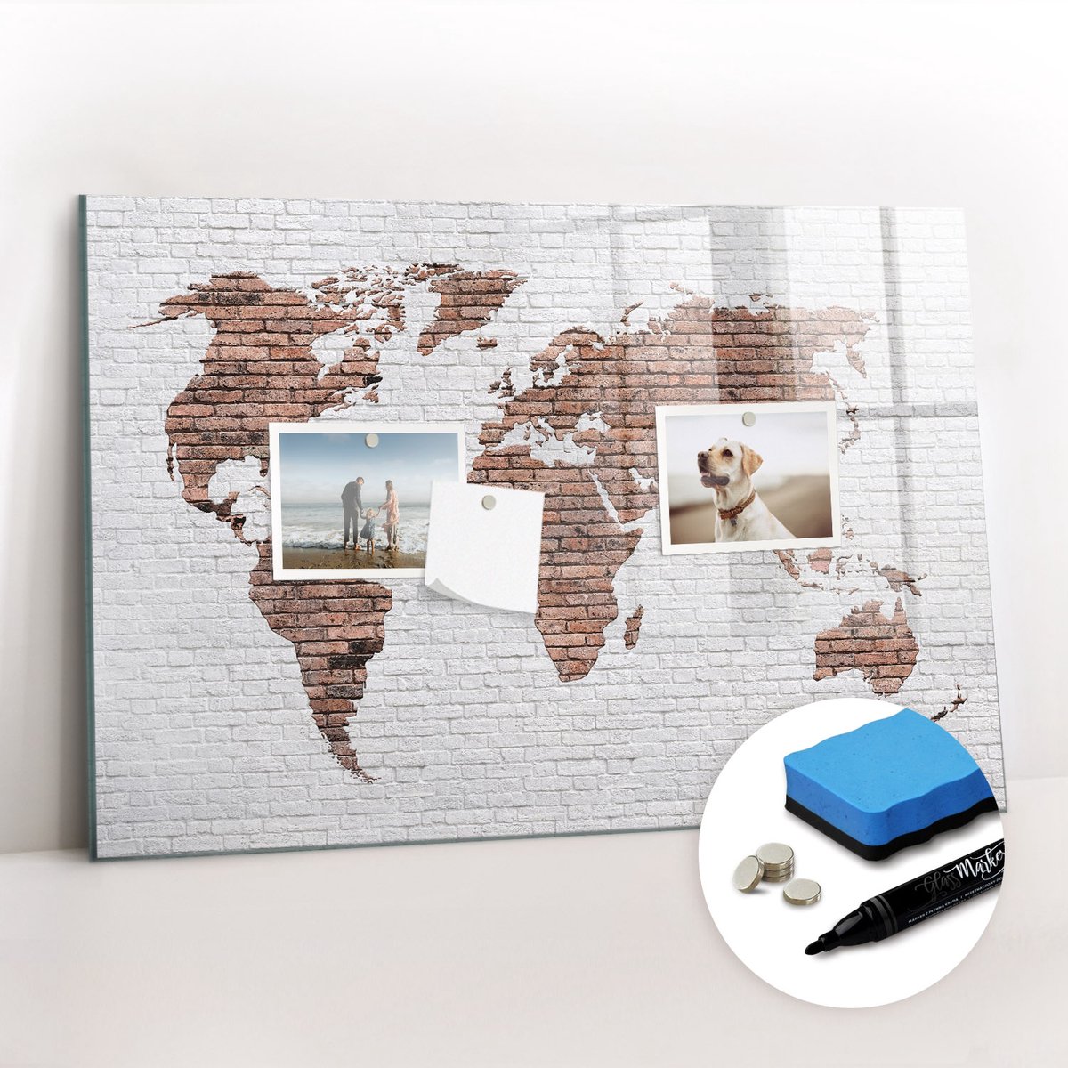 Tulup Whitebord - Wereldkaart van bakstenen met stucwerk - 60 x 40 cm - Veelkleurig Magneetborden voor vakantiemagneten - Gratis 5 Sterke Magneten + Whiteboard Marker & Wisser - Industrieel Wandbord - Magneetbord Design - Productiviteit Tools