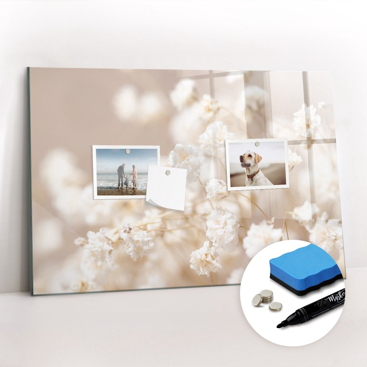 Tulup Whitebord - Kleine witte bloemen - 60 x 40 cm - Wit Memobord Magnetisch - Gratis 5 Sterke Magneten + Whiteboard Marker & Wisser - Moderne Wanddecoratie - Magnet Board - Notitiebord Werkplek