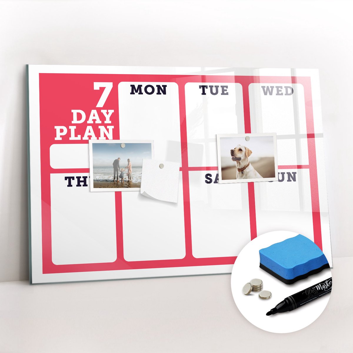Tulup Whitebord - Klassieke weekplanner - 60 x 40 cm - Rood Memobord Glas - Gratis 5 Sterke Magneten + Whiteboard Marker & Wisser - Decoratief Magnetisch Bord - Magneetbord Foto - Inspiratiebord Kantoor