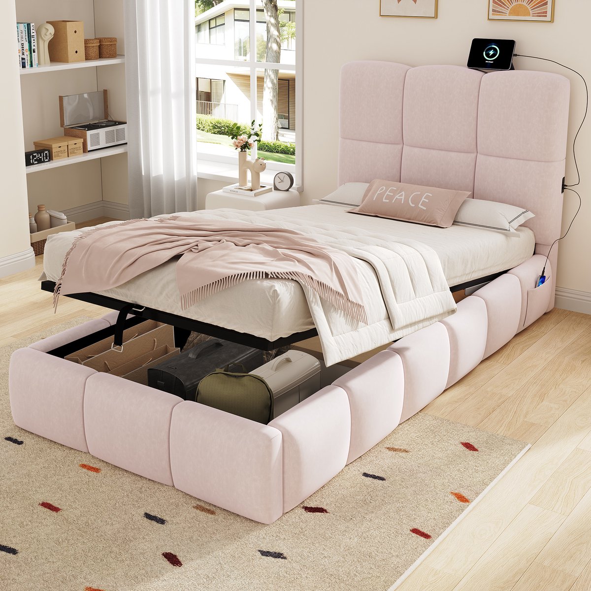 Polsterbed Kinder Bett 90 x 200cm - Prinsesachtig Design met USB-Lader - Velvet Rosa