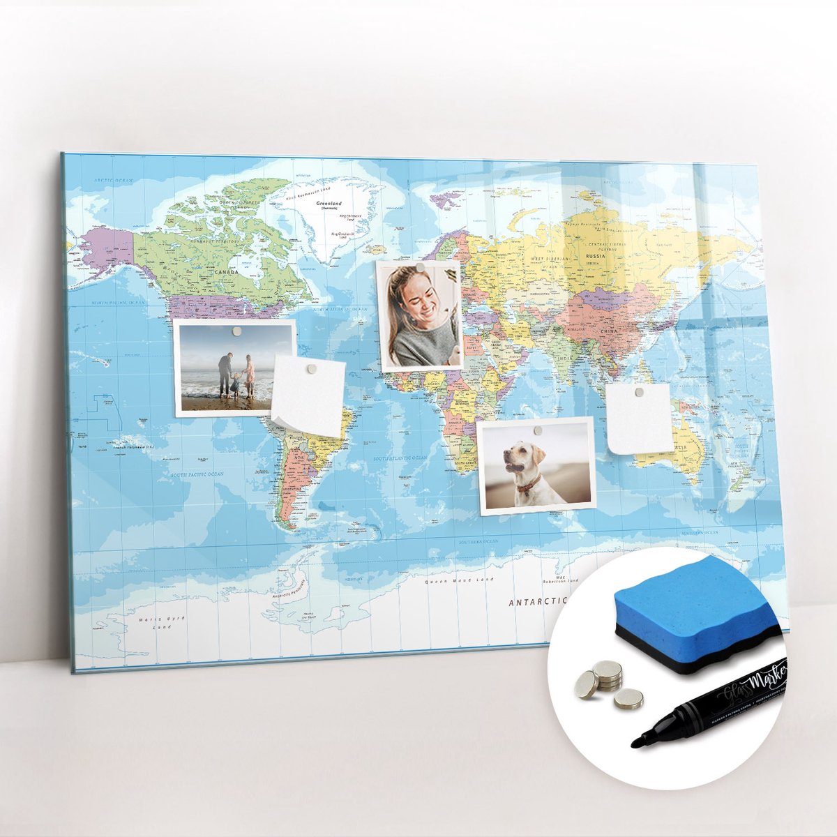 Tulup Whitebord - Politieke wereldkaart - 90 x 60 cm - Veelkleurig Memobord Magnetisch - Gratis 5 Sterke Magneten + Whiteboard Marker & Wisser - Moderne Wanddecoratie - Magnetisch Bord Kind - Notitiebord Werkplek