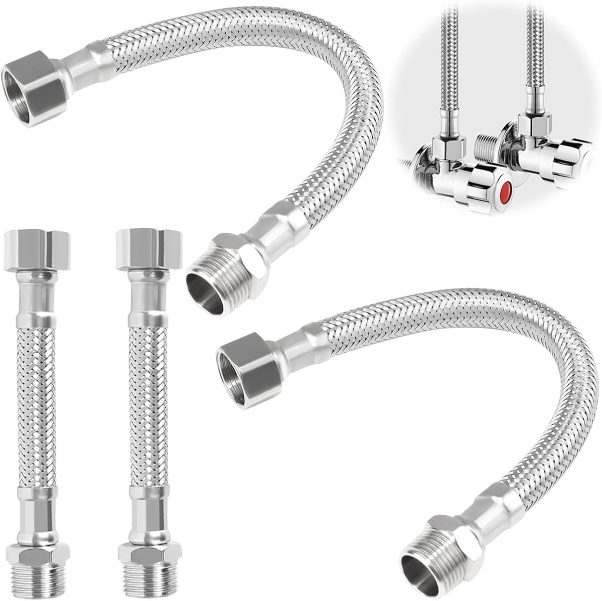 SnelShoppen - Flexibele Slangset 3/8 inch, 4 Stuks, 20 cm en 10 cm, Roestvrij Staal, Verlengslang voor Toilet, Wastafel, Douchekop