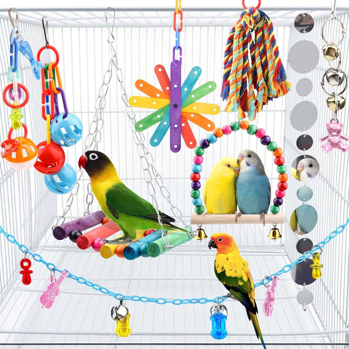 QUOZUO 9 Pcs Parakeet Cockatiel Bird Toys, Parrots Cage Accessories Swing Rope Hanging Wooden Perch Chew Toys for - ShopVlot