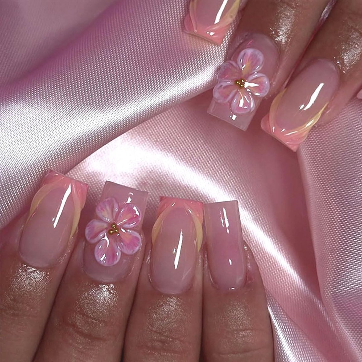 Press on nails 24 stuks - Franse 3D bloemen - Roze-witte gradient - Elegante nagelkunst voor dagelijks gebruik - ShopVlot