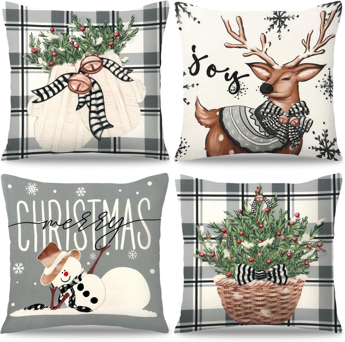 SnelShoppen - Set van 4 Kerst Kussenhoezen Sneeuwman Rendier Handschoenen Kerstboom 40x40cm Katoen Linnen Grijs Winter Decoratie voor Woonkamer en Sof