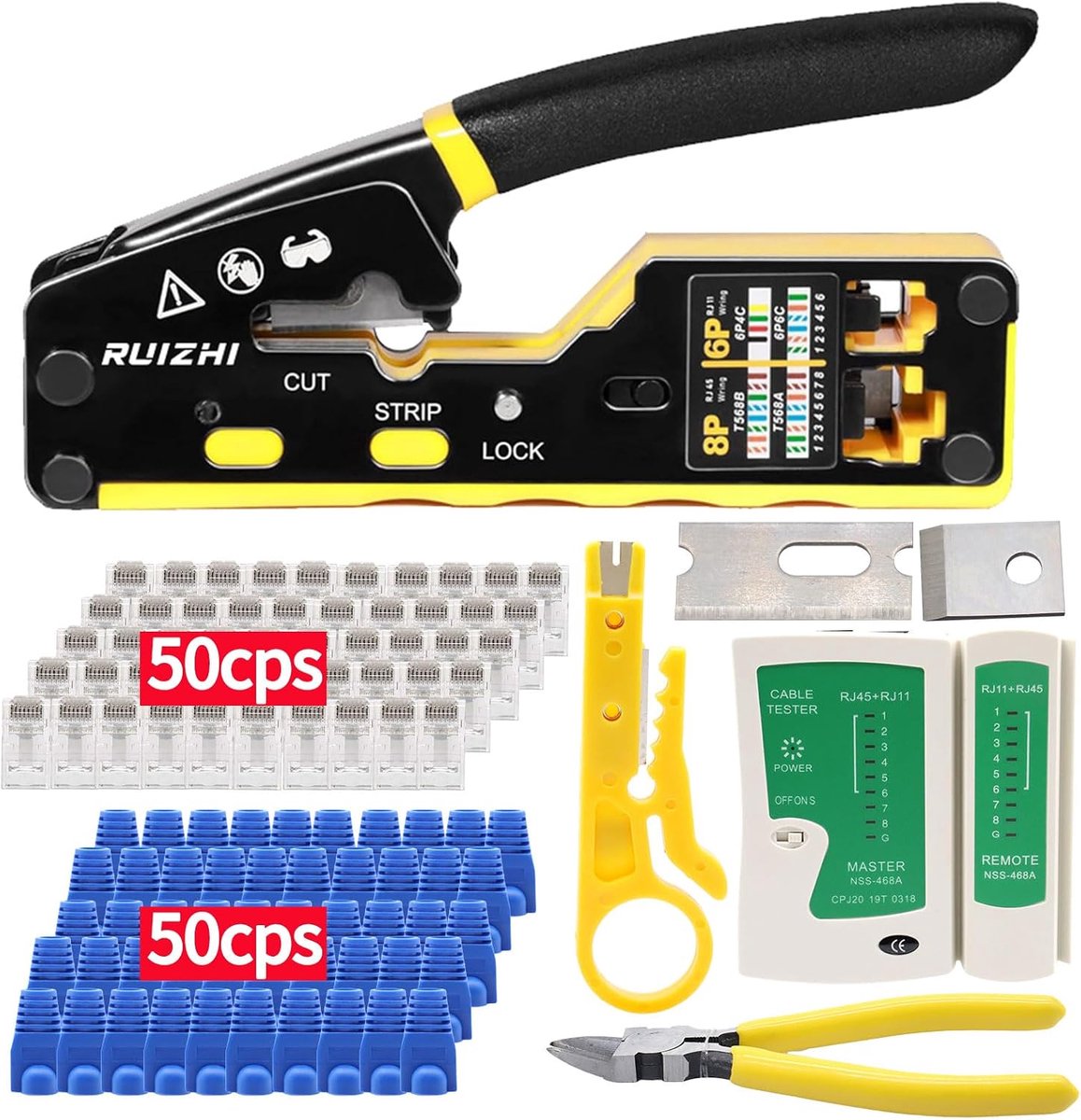 RJ45 Crimping Tool Set - 50 Cat6 Stekkers - Inclusief Netwerktester - Compleet Gereedschap voor Netwerkbedrading - SnelShoppen