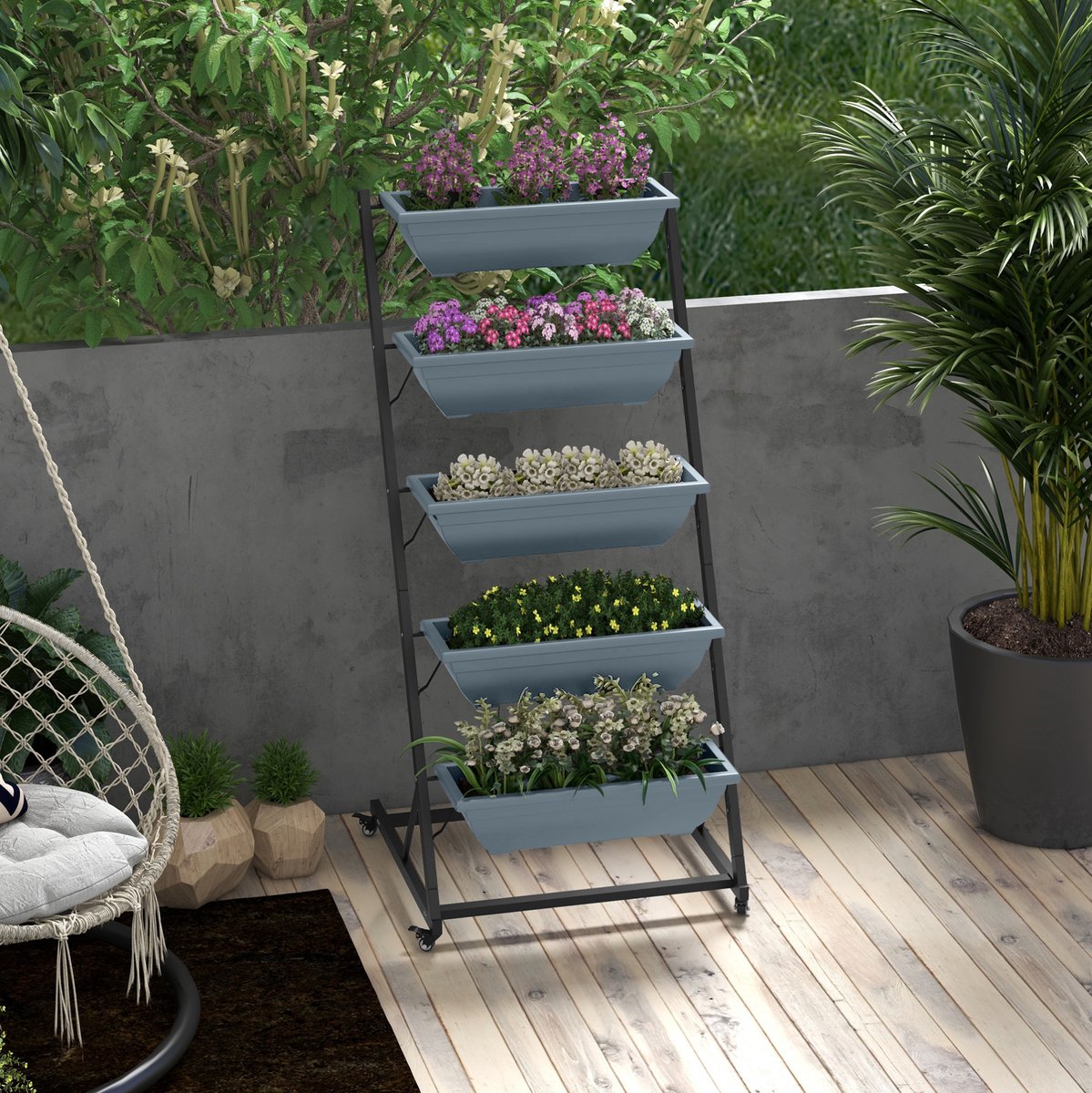 COVREO Plantenrek 65x67x145 cm, grijs, van staal met 5 etages en rollen