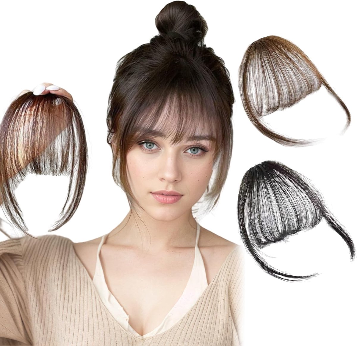 SnelShoppen - Clip-In Pony Echte Haar Clip-In Haarextensions voor Vrouwen met Zijkapsels (Lichtbruin, Zwart) - Natuurlijke Look en Voel, Perfect voor