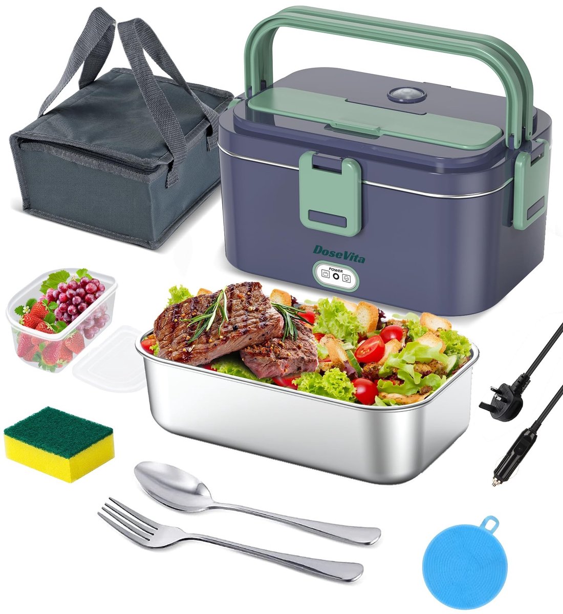 Omgoods- Elektrische Lunchbox 70 W - Draagbare Voedselwarmer - 1,8 l Roestvrij Stalen Container - Inclusief Lepel/Vork - Met Draagtas - Sneller Verwarmd