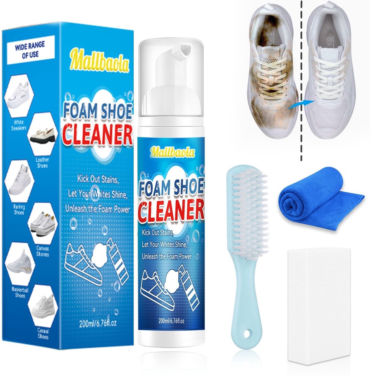 Omgoods- Schoonmaakset voor schoenen - 200ml Trainerreiniger - Schoenreinigingsset met Borstel - Vlekverwijdering - Sneakers - Krachtige Formule - Schoenreiniger
