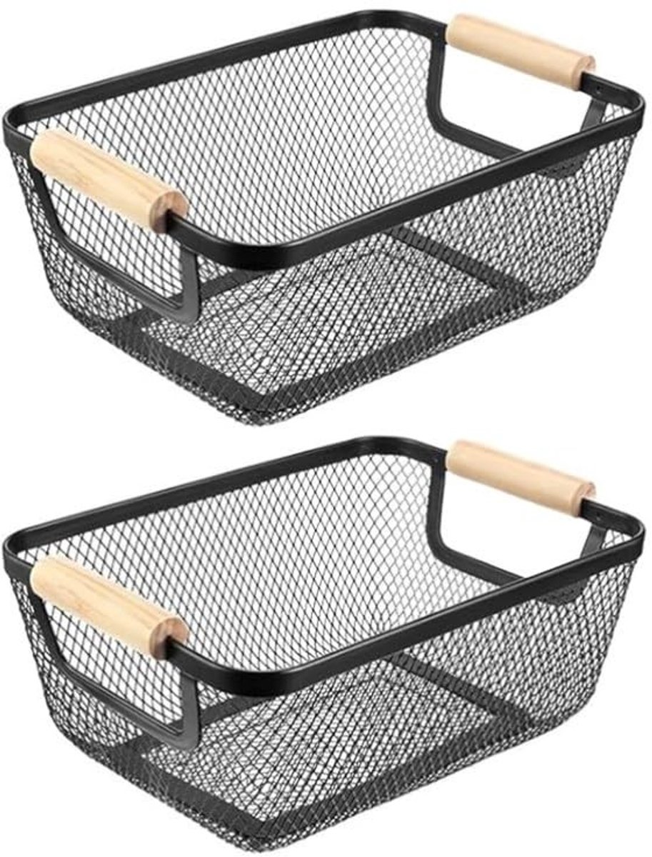 Omgoods - Set van 2 Metalen Opbergmanden met Houten Handgrepen