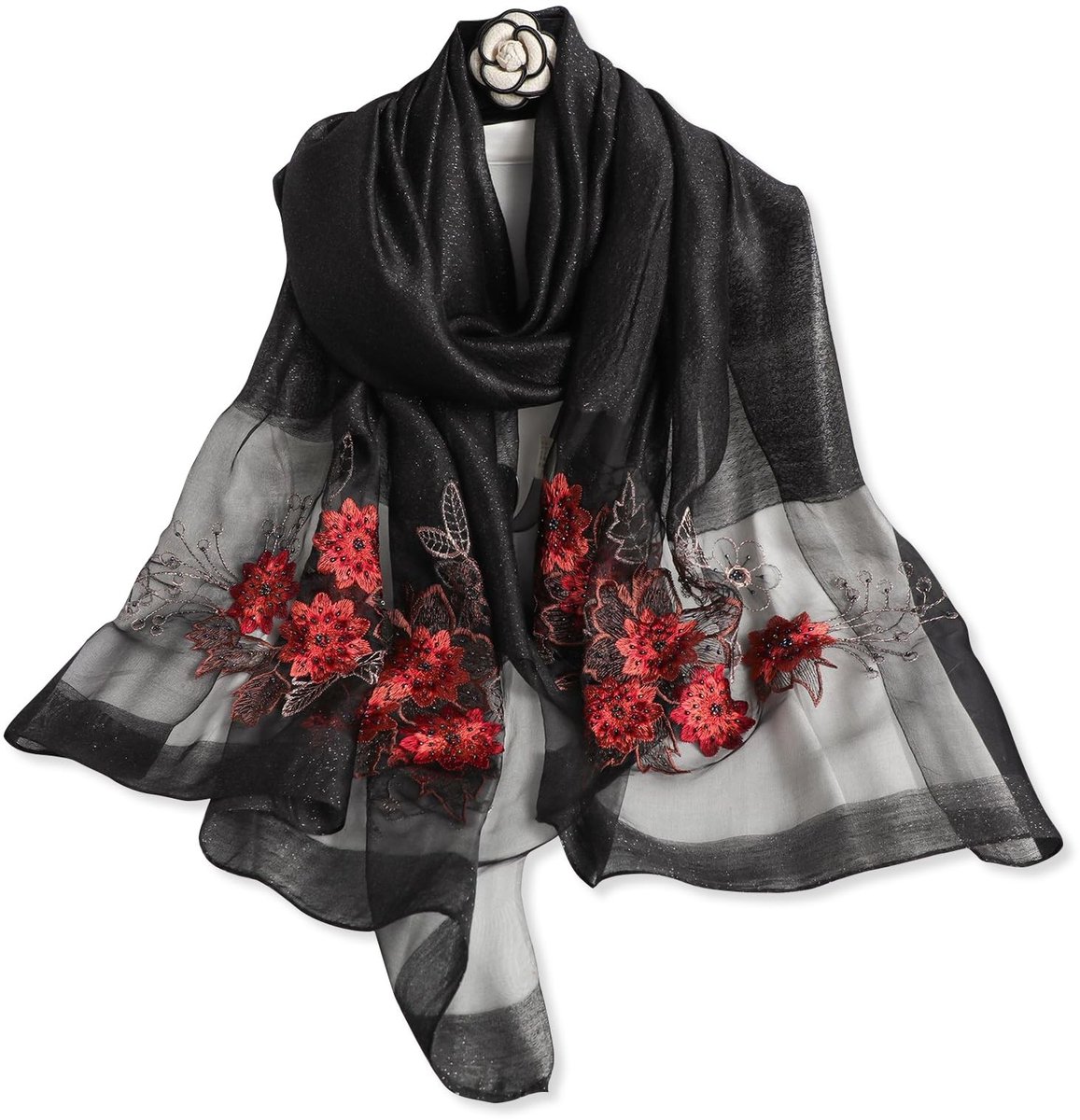 Omgoods - Zijden Sjaal met Ginkgo Borduursel en Chiffon Afwerking, Zwart