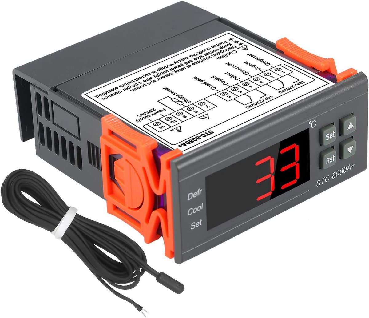 SnelShoppen - Digitale Temperatuurcontroller STC-8080A - Koelkastthermostaat met NTC Sensor - Automatische Ontdooiing - Temperatuurmeet- en Regelaar v