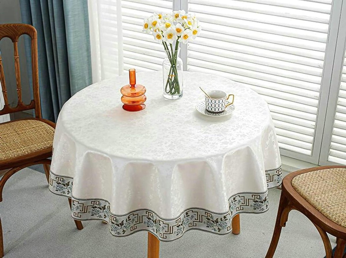 Ronde Placemats - Tafelkleed Bladeren - Tafeldecoratie - PU Kunststof - 260x260cm - Beige Wit