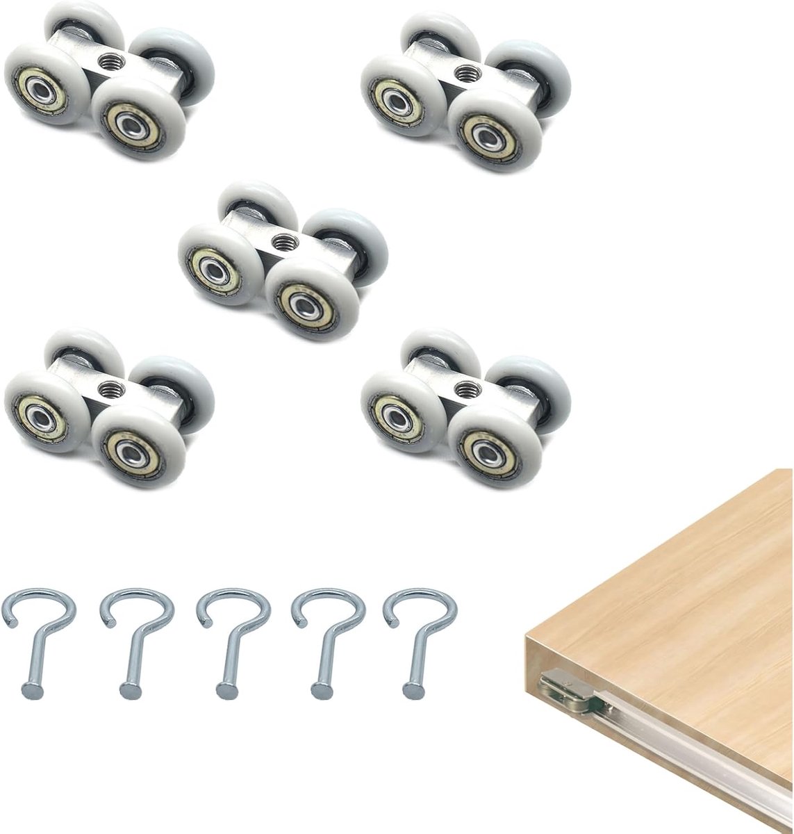 SnelShoppen - Set van 5 Zwenkwielen voor Schuifdeuren, Schuifdeurbeugels, Geschikt voor Schuifdeuren, Kasten, Compartimenten, Aluminium en Kunststof,