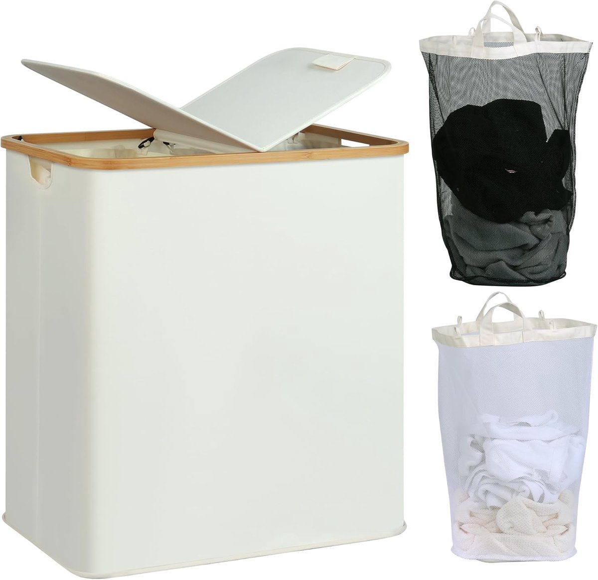 SnelShoppen - Grote wasmand 140L met deksel, 2 vakken, dubbele wasmand, wasmand met 2 uitneembare zakken, beige voor gezin en thuisgebruik