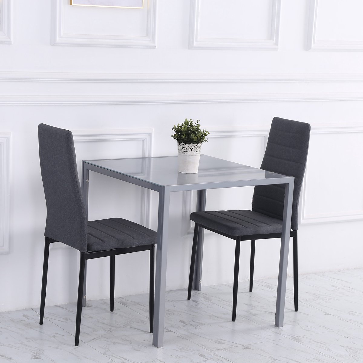 COVREO Eettafel 75x75x75 cm grijs, glasblad metalen frame 4 personen