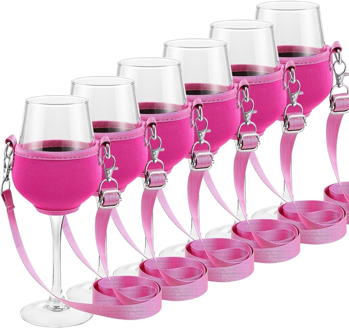 SnelShoppen - Set van 6 Hangende Wijnglas Houder - Draagbare Wijnglashouder van Neopreen - Perfect voor Feest, Picknick, Verjaardag, Bruiloft - Roze
