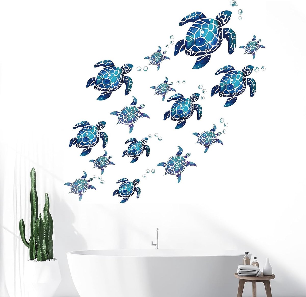 SnelShoppen - 15 Stuks Zeestijl Badkamer Wandstickers Onderwater, Vinyl Wanddecoratie Blauw Zeeschildpad, Waterproof Badstickers voor Kinderen