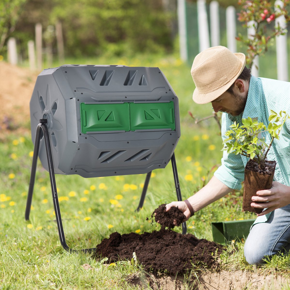 COVREO Compostbak 71x65x96 cm grijs, staal en polypropyleen 2 kamers