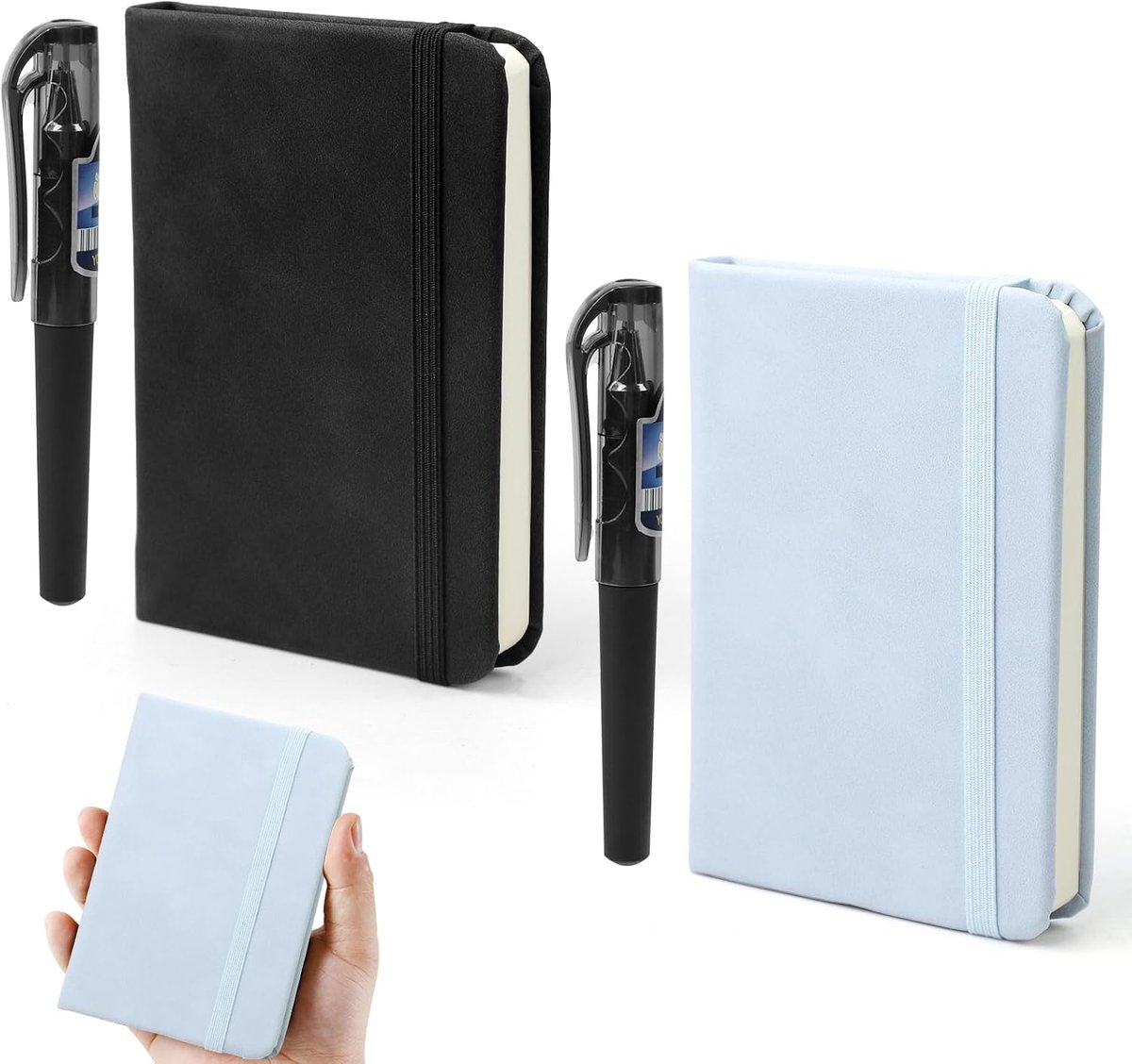 SnelShoppen - 2 Pack A7 Klein Notitieboekje met Gummizug, Reisetageboek, Leder, Blauwe en Zwarte Ledernotizboeken, Ideaal voor School, Werk en Reizen