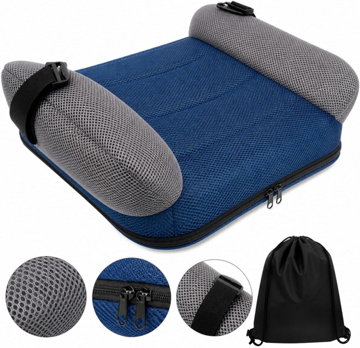 Opblaasbare kampeerzitkussen - Met zijsteunen - Zitkussen - Autostoelverhoger - Meditatiestoel - Strandstoel - Campingstoel - Ademend mesh zitmatje - Voor strand, picknick,dineren, reizen - Blauw