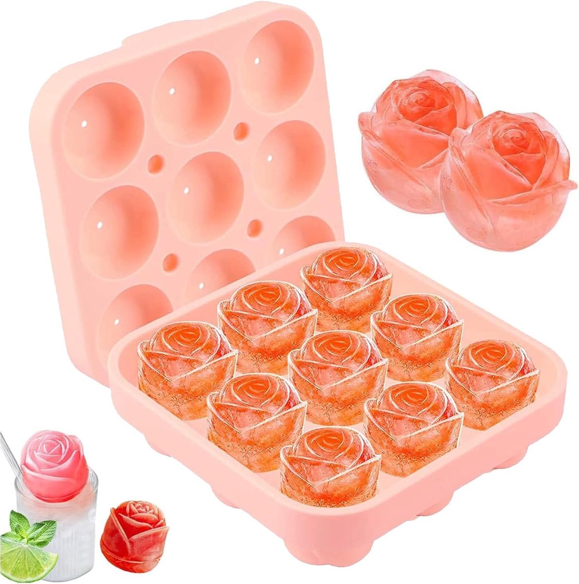 SnelShoppen - Silicone IJsblokjesvorm 1 Stuk Roze IJsblokjes Tray met Deksel Herbruikbaar voor Cocktails, Fruit, Puree, IJs