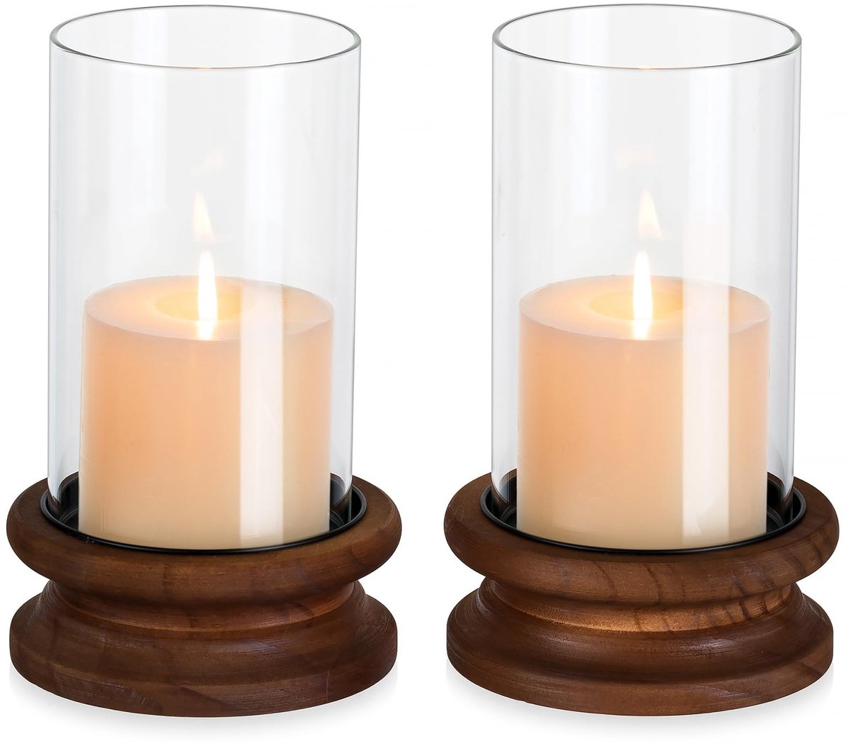 Omgoods - Set van 2 Vintage Glazen Lantaarns voor Kaarsen met Houten Basis