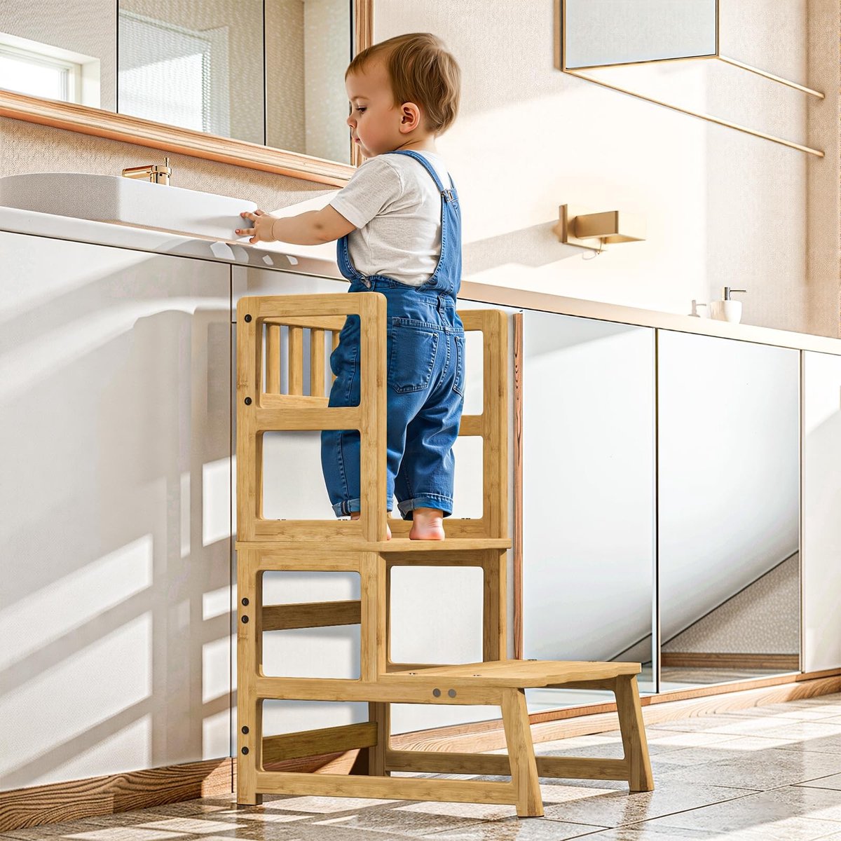 Omgoods - Kinderkruk met 2 Treden - Leerplatform voor Keuken en Badkamer - Antislip - Voor Kinderen vanaf 18 Maanden - Natuurlijk