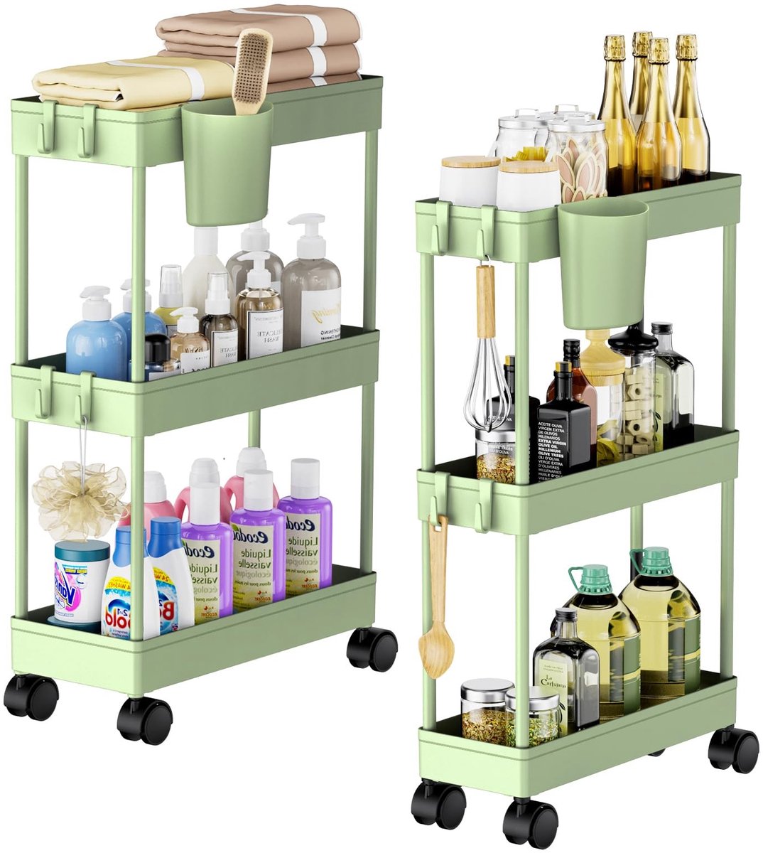 Omgoods - Set van 2 Smalle Keukenwagens op Wielen met 3 Niveaus