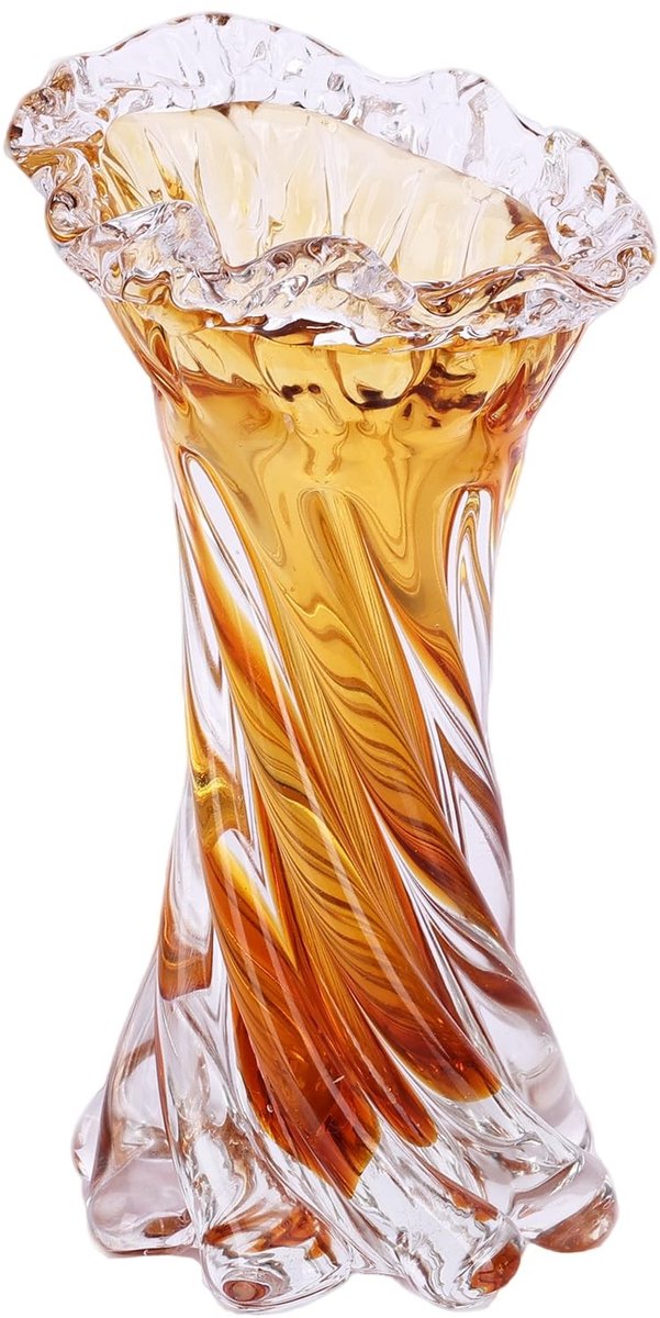 Omgoods - Handgeblazen Amber Glazen Vaas met Spiralen en Golfrand
