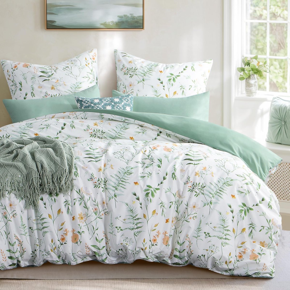 Omgoods - 3-delig Bedlinnen Set 200 x 220 cm met Bloemenpatroon en 2 Kussenslopen