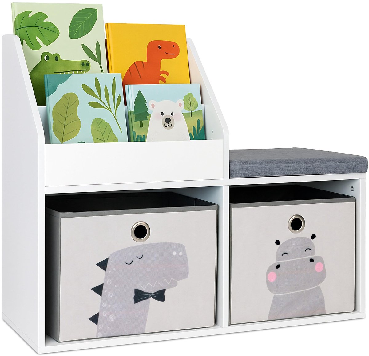 Omgoods - Kinderboekenplank met Sofa en 2 Baskets, Wit-Grijs