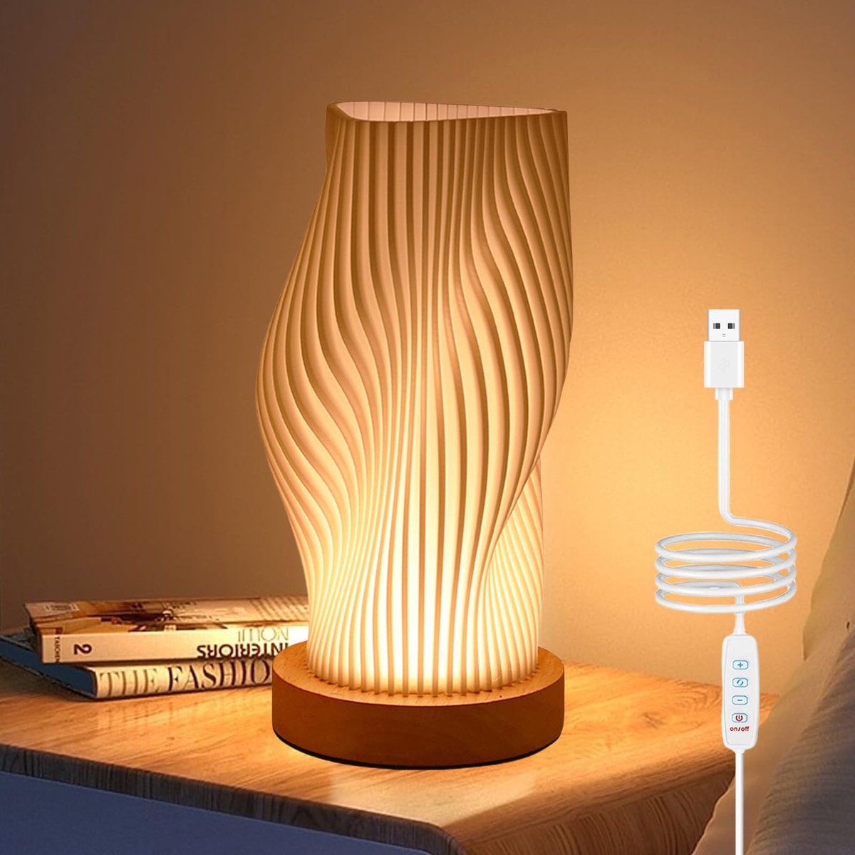 Omgoods - Houten Tafel Lamp met Dimbare Verlichting en PLA Lampenkap