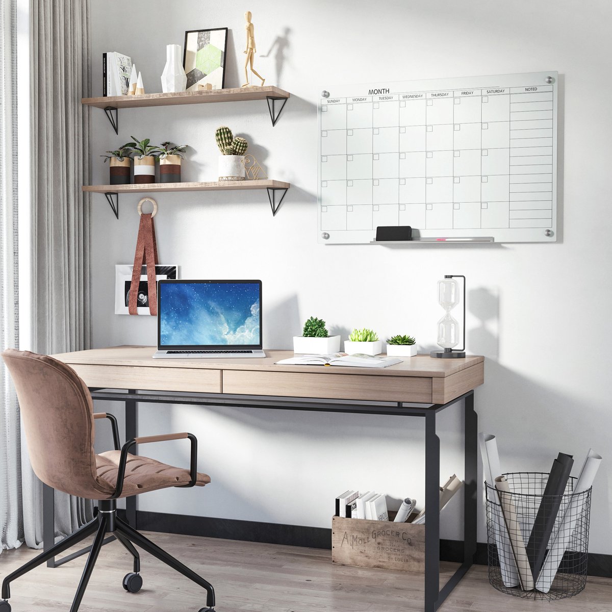 COVREO Glas wandkalender 90 x 60 cm wit, van glas met markerhouder