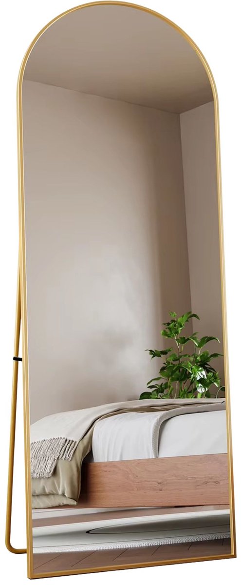 Happiq Staande Spiegel 162 x 53 Cm - Gebogen Full - Goudkleurig Frame - Body Spiegel, HD Reflectie, Vrijstaand met - voor Slaapkamer en Woonkamer