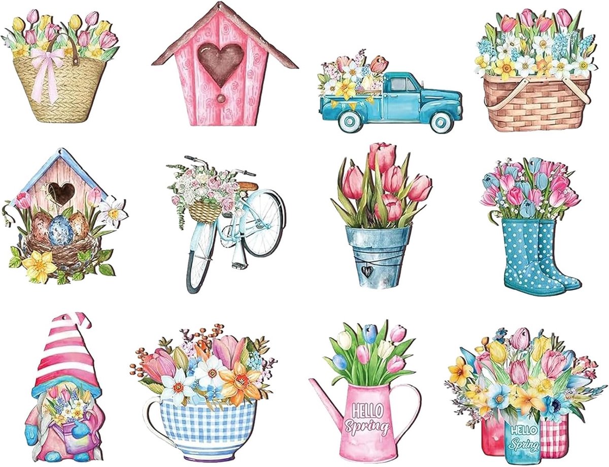 Lentedecoratie van hout, lentedecoratie, met tulpen, dwergen, paraplu's, ornamenten voor takken, ramen, tuindeuren, paasdecoratie, zomer, 12 stuks