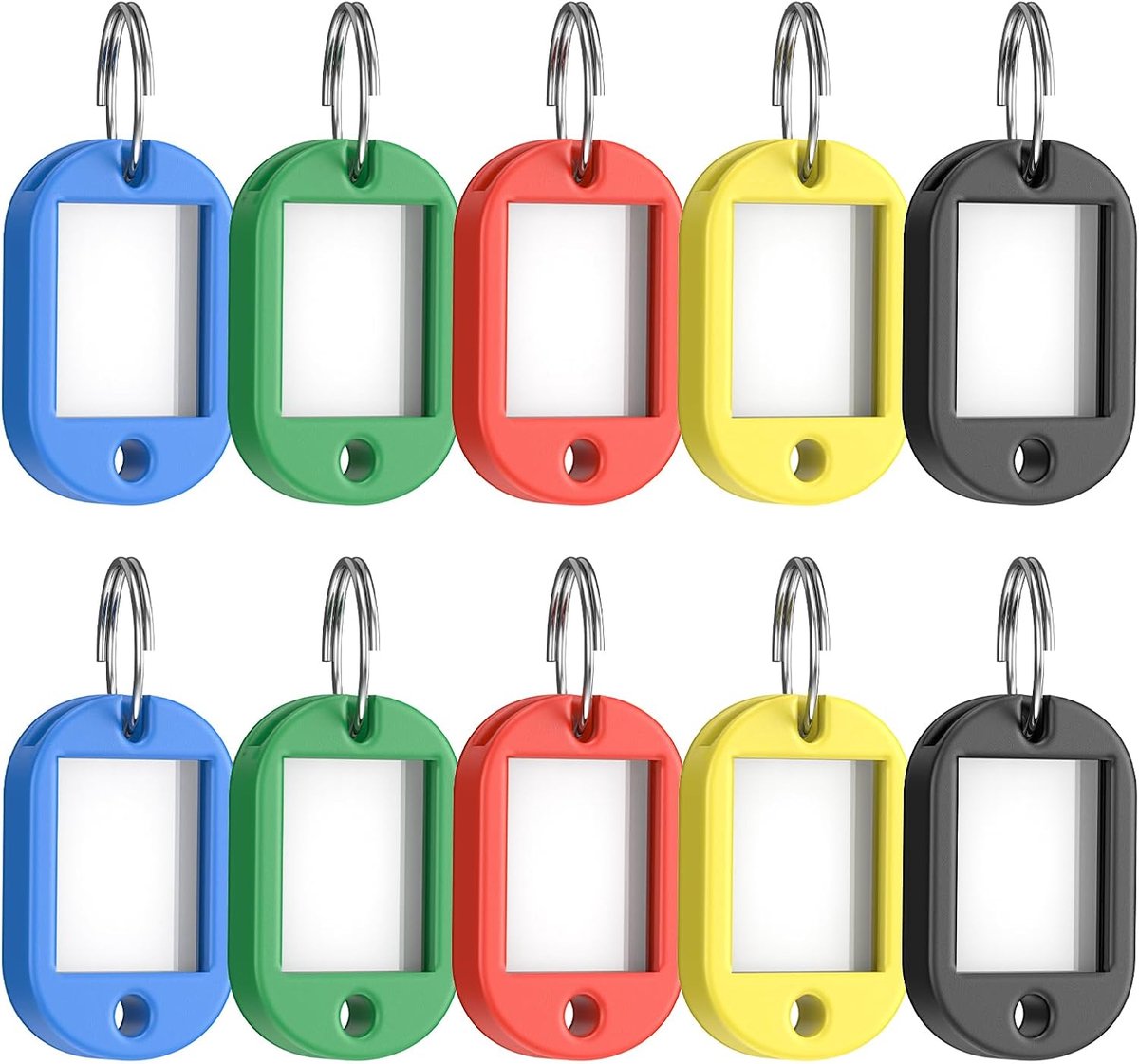 10 sleutelhangers, 5 kleuren, met ringen | Sleutellabels van kunststof, blanco etiketten met ringen, voor thuis, kantoor en school, 3,8 × 2,5 cm